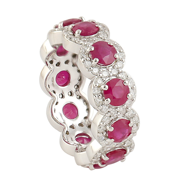 14K White Gold Prong Ruby Gemstone Pave Diamond Band Ring