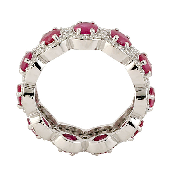 14K White Gold Prong Ruby Gemstone Pave Diamond Band Ring