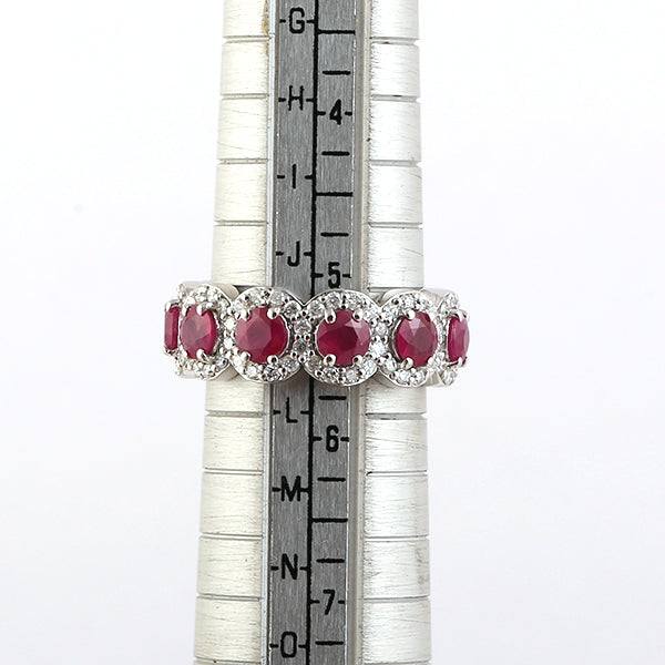 14K White Gold Prong Ruby Gemstone Pave Diamond Band Ring