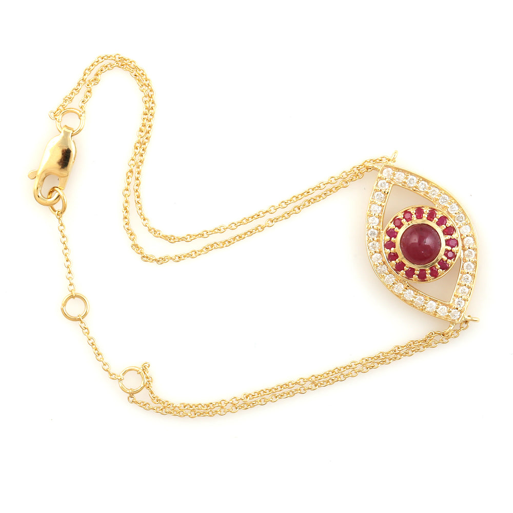 Ruby Pave Diamond Evil Eye Fixed & Flexible Bracelet In 14K Yellow Gold