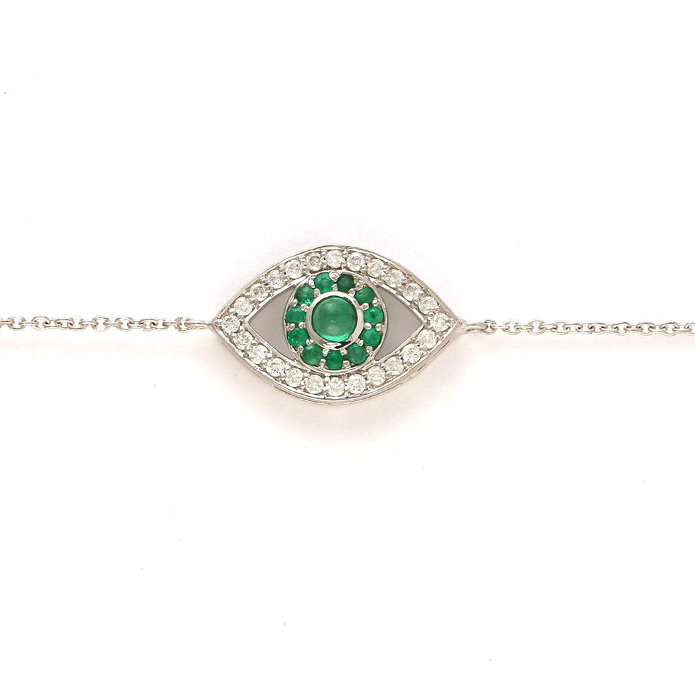 14K White Gold Pave Diamond Emerald Evil Eye Fixed And Flexible Bracelet