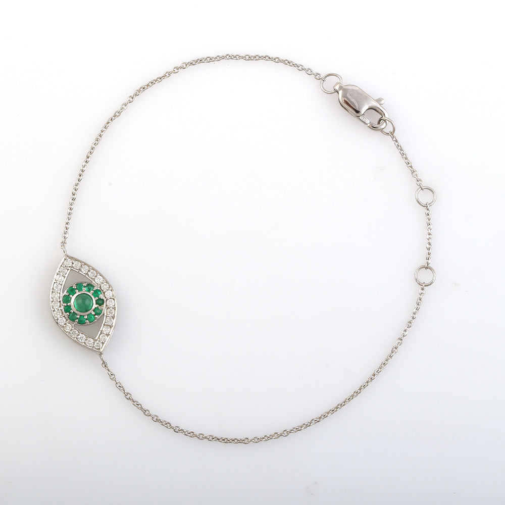 14K White Gold Pave Diamond Emerald Evil Eye Fixed And Flexible Bracelet
