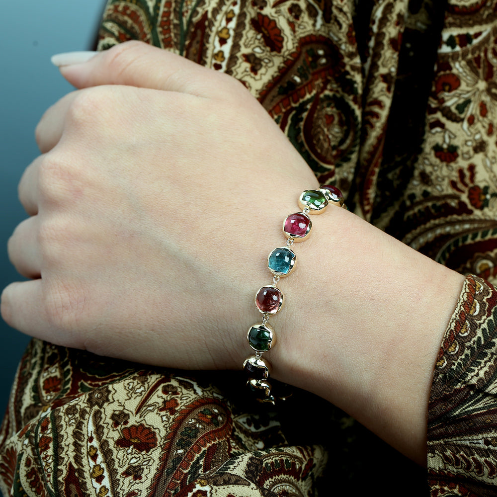Cabochon Multi-Tourmaline Bracelet in 14K Yellow Gold