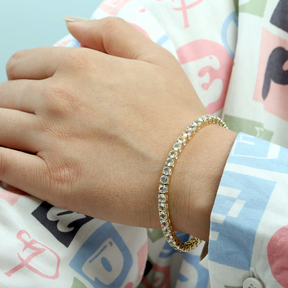 Natural Moonstone Blue Tennis Bracelet in 14K Yellow Gold