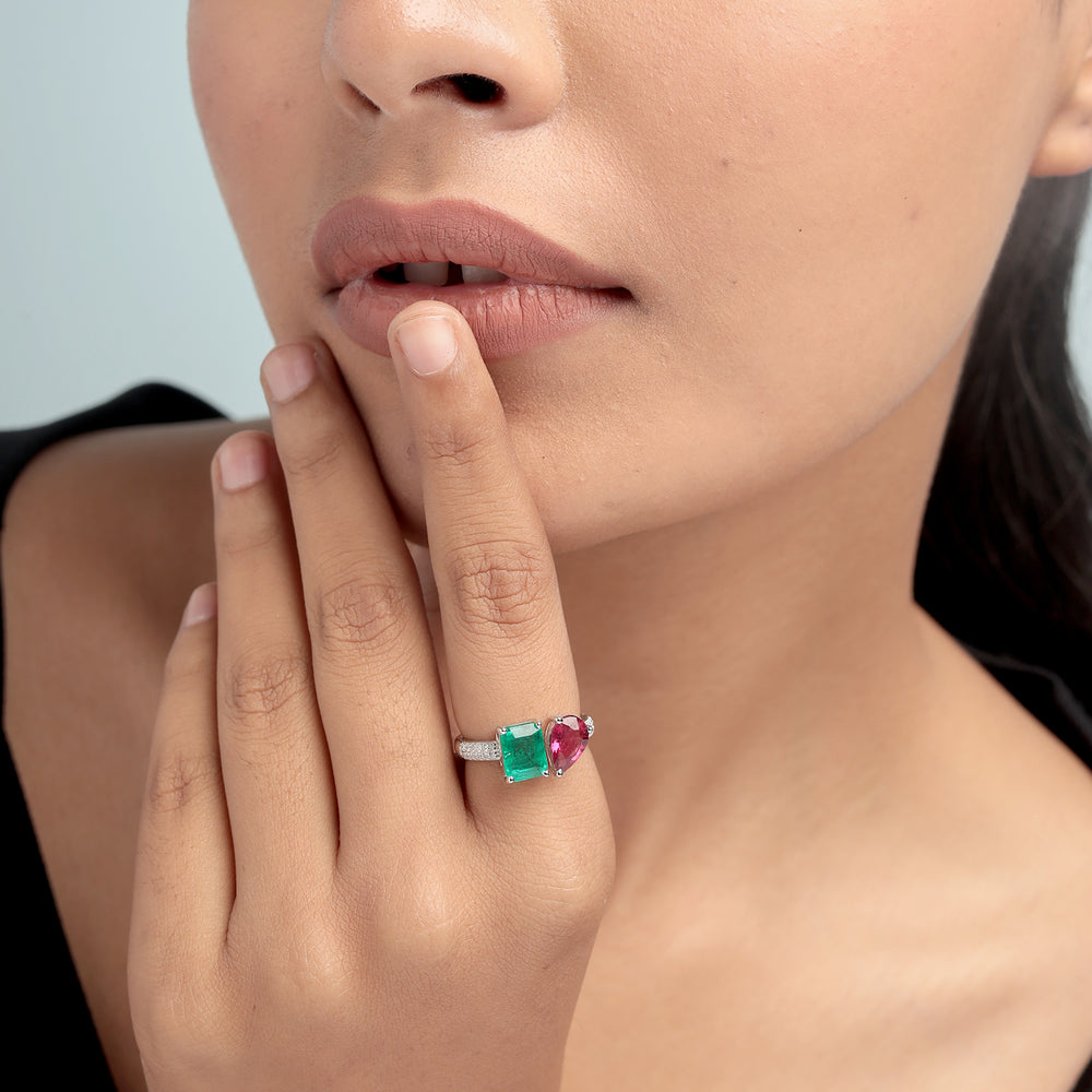 Emerald Cut Emerald Pear Cut Ruby Pave Diamond Bypass Ring In White Gold