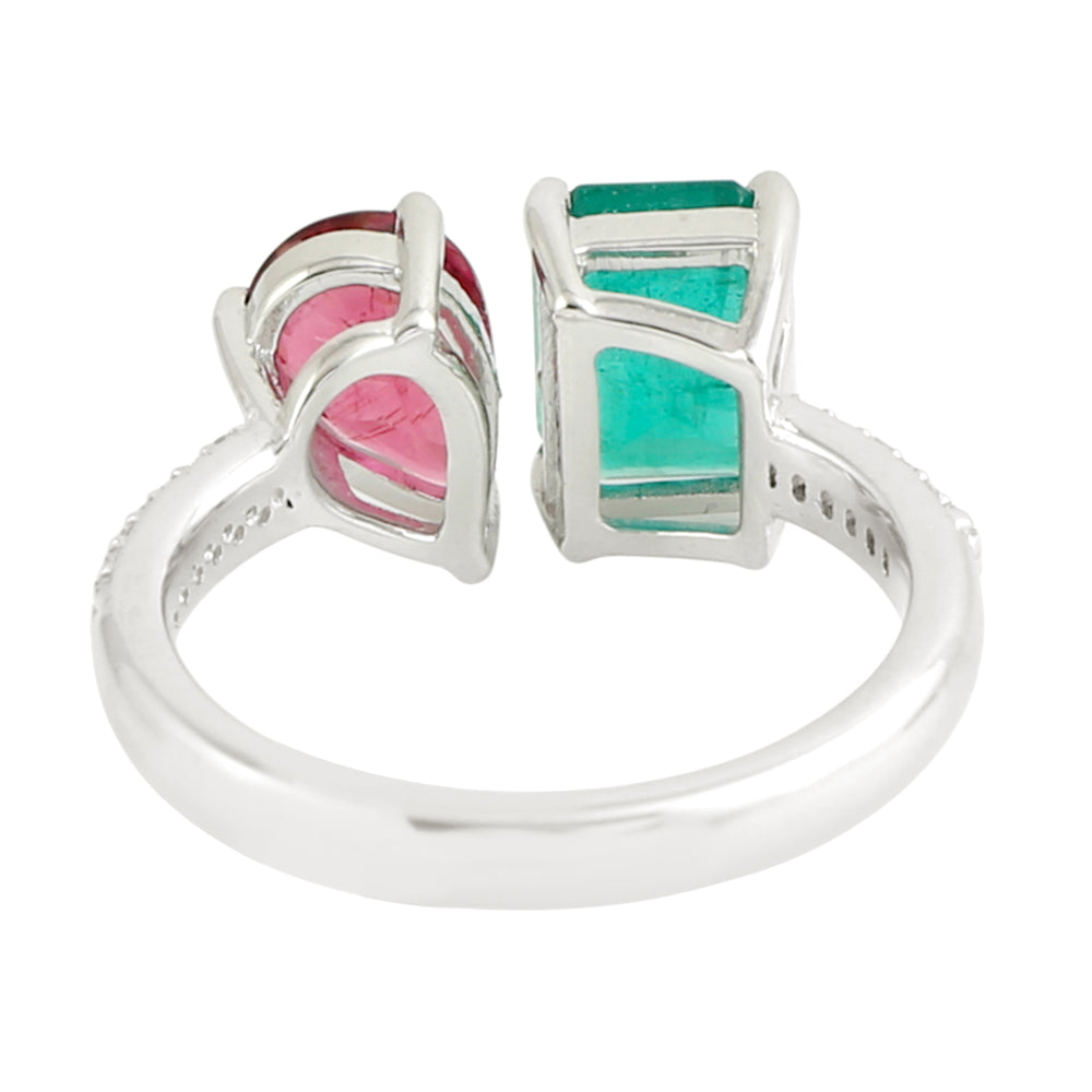 Emerald Cut Emerald Pear Cut Ruby Pave Diamond Bypass Ring In White Gold