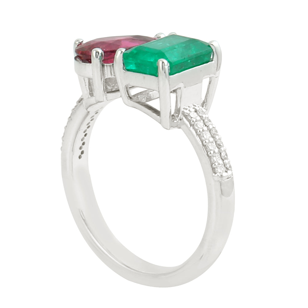 Emerald Cut Emerald Pear Cut Ruby Pave Diamond Bypass Ring In White Gold
