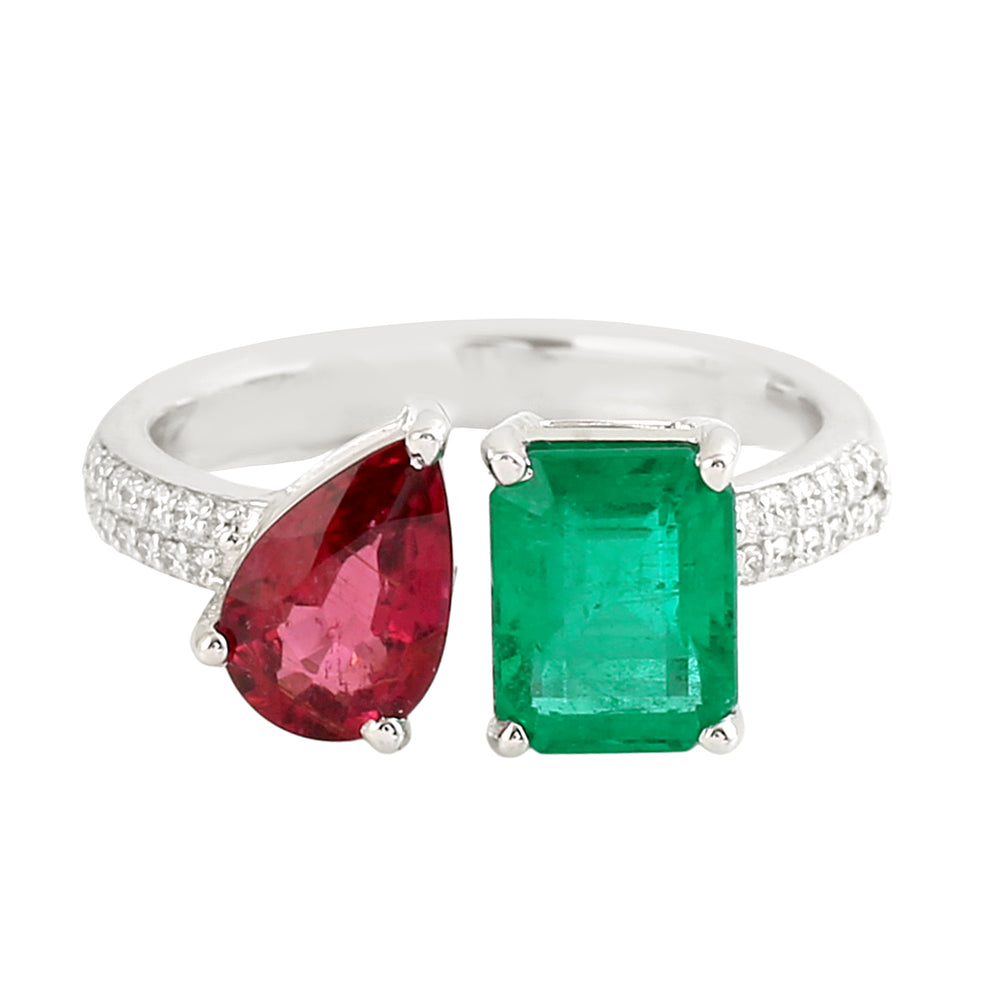 Emerald Cut Emerald Pear Cut Ruby Pave Diamond Bypass Ring In White Gold