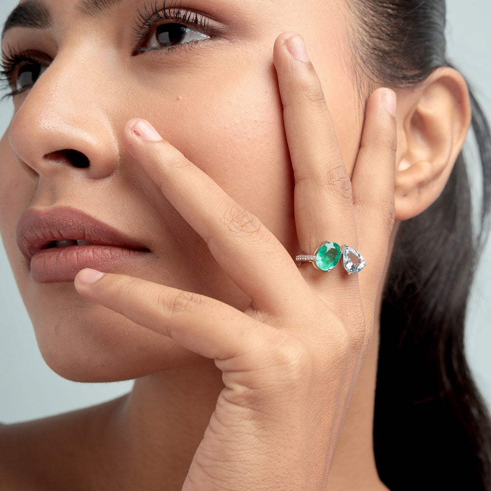 Oval Cut Emerald Pear Cut Aquamarine Pave Diamond Bypass Ring In White Gold
