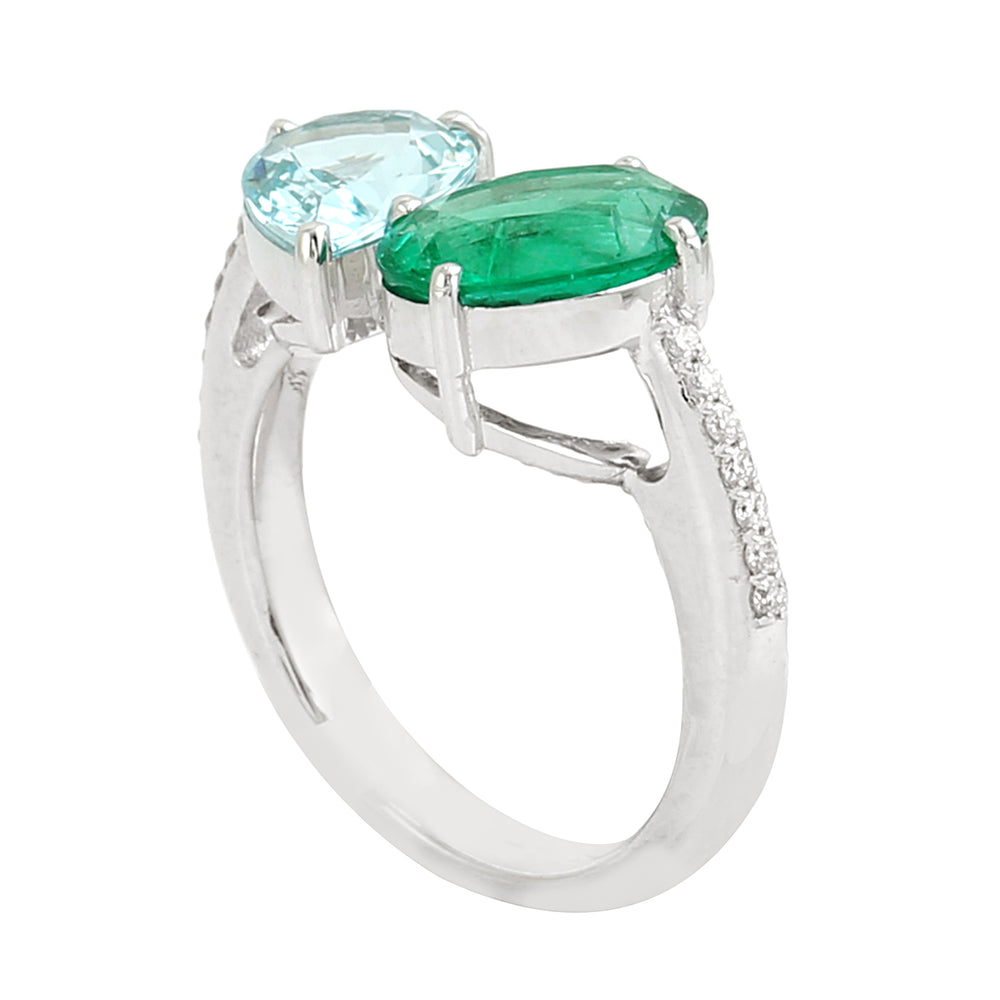 Oval Cut Emerald Pear Cut Aquamarine Pave Diamond Bypass Ring In White Gold