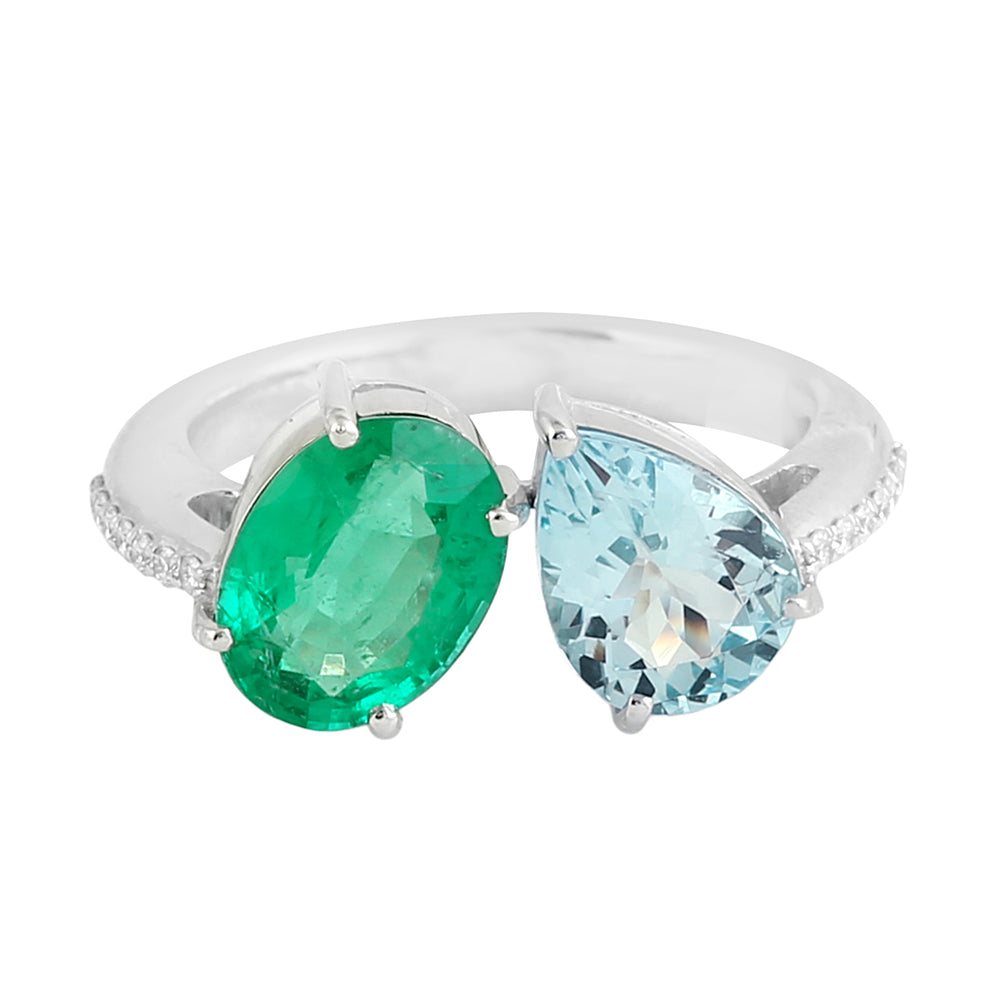Oval Cut Emerald Pear Cut Aquamarine Pave Diamond Bypass Ring In White Gold