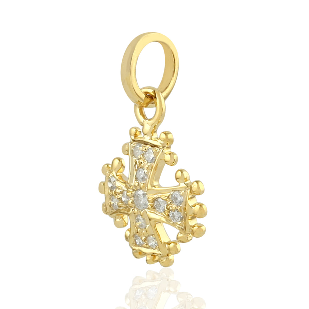 14K Yellow Gold Cross Mythological Charm Pendant Pave Diamond