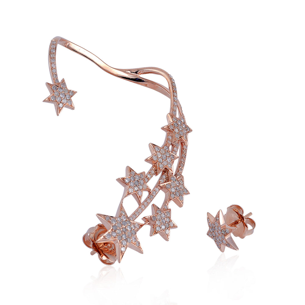 18K Rose Gold Pave Diamond Star Ear Cuff Earrings For Women's