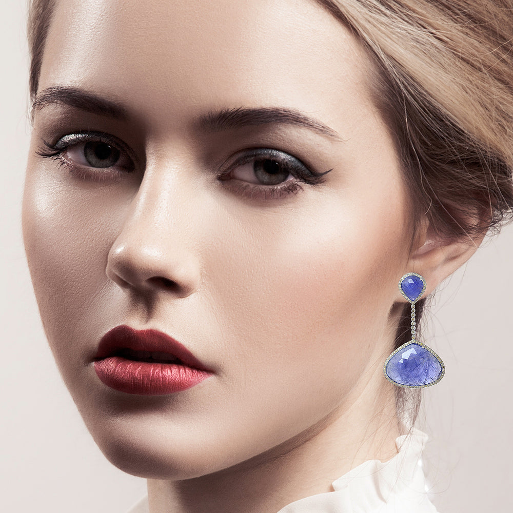 18K White Gold Pear-Cut Tanzanite Doublet & Bezel-Set Diamond Dangle Earrings
