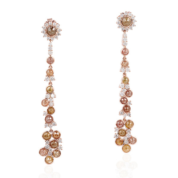 Multi-Color Natural Ice Diamond Long Drop Earrings in 18K Rose Gold