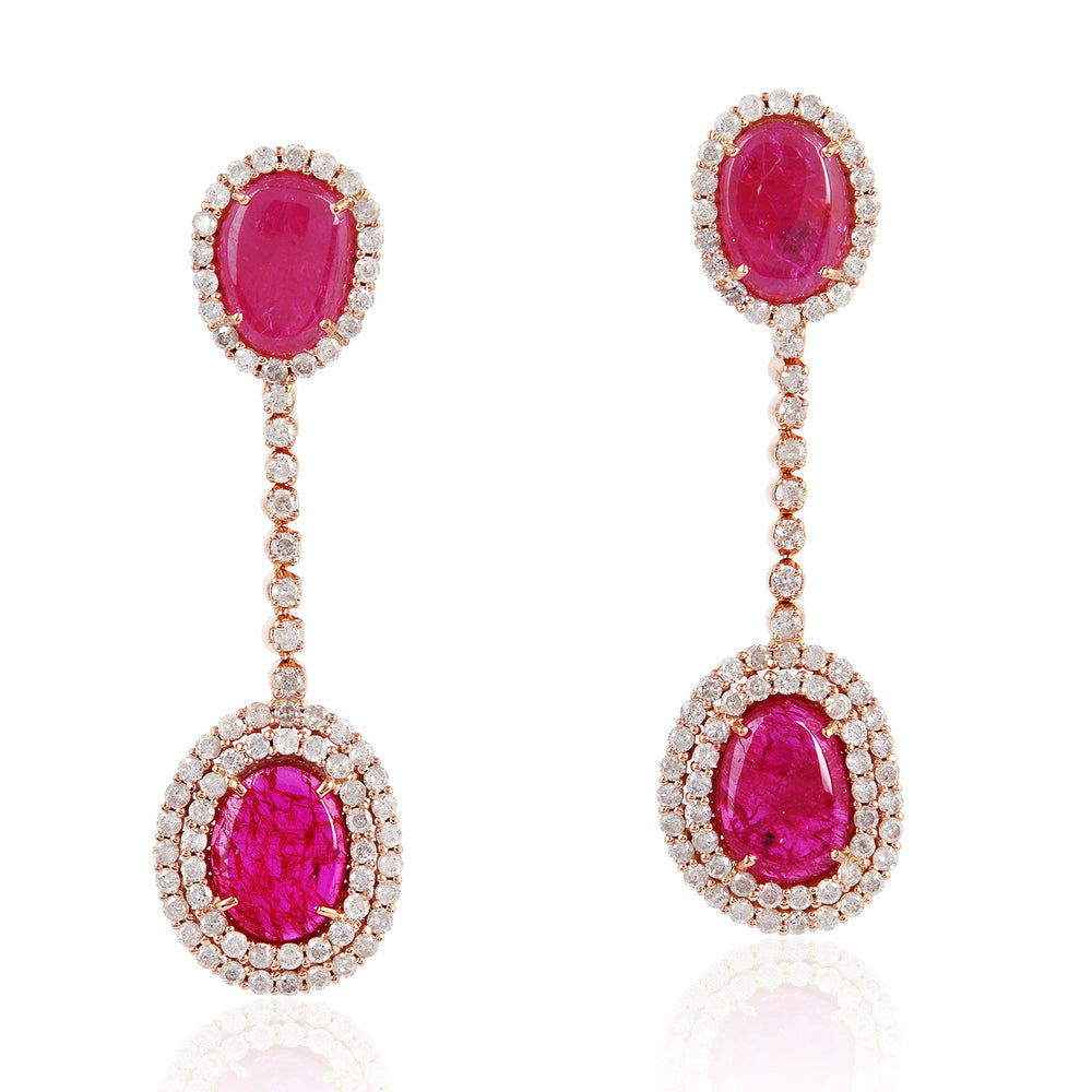 Oval Cut Red Slice Ruby Bezel Set  Rose Cut Diamond Chain Dangler In Rose Gold For Her