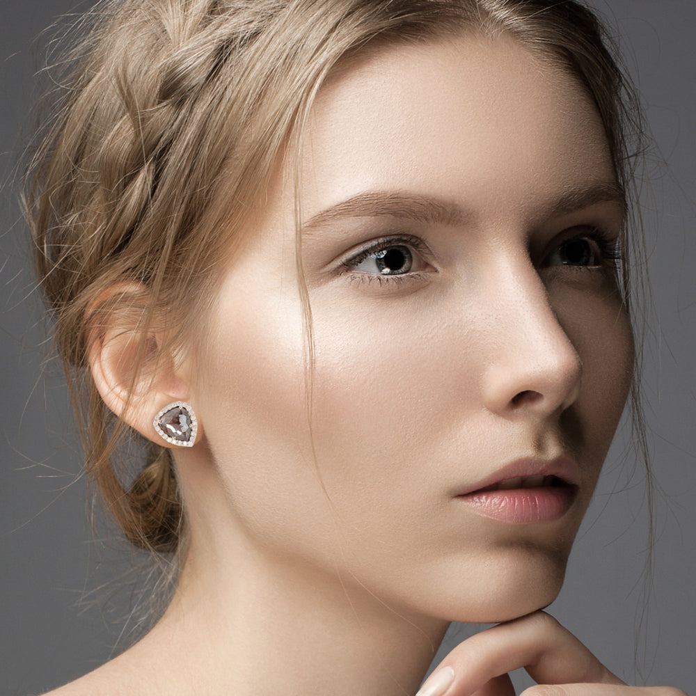 Pear-Shaped Brown Rose-Cut Diamond Halo Stud Earrings in 18K Rose Gold