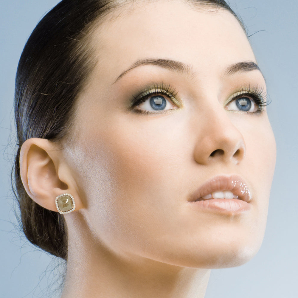 Cushion-Cut Brown Rose Diamond Halo Stud Earrings in 18K Rose Gold