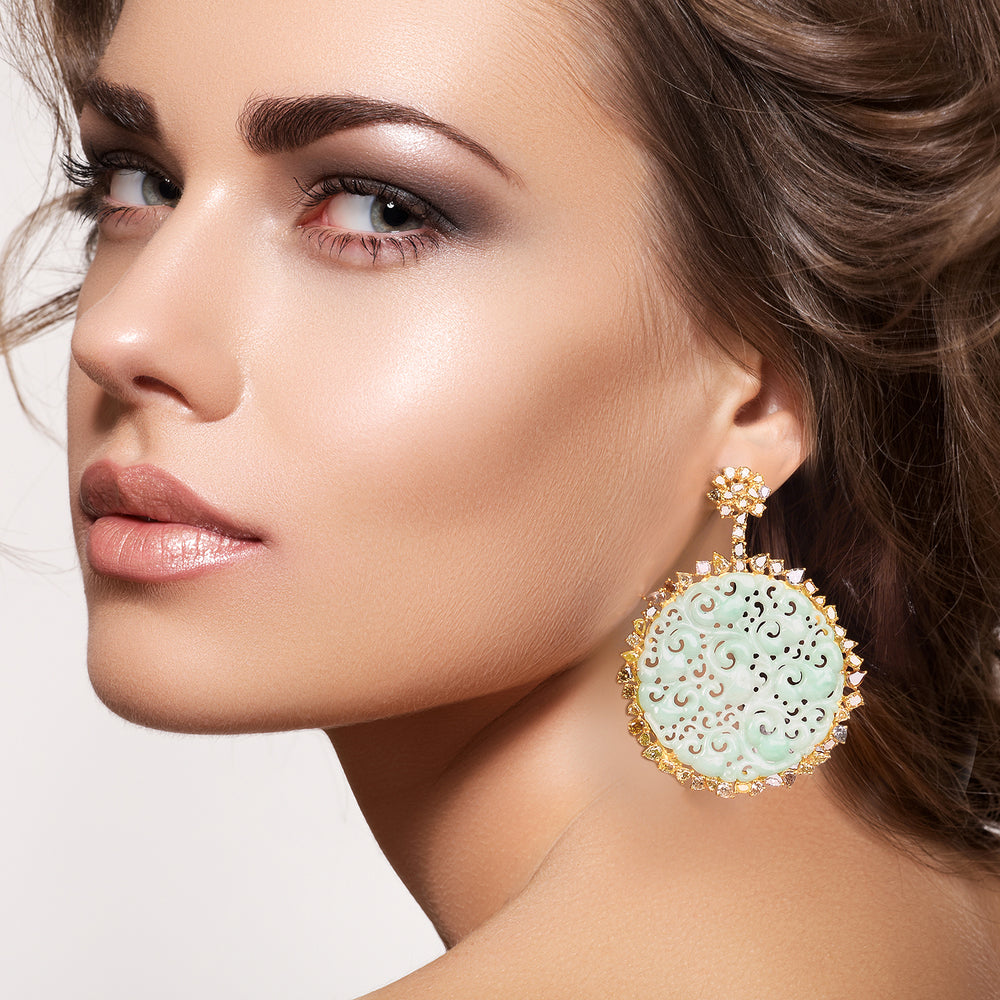 Carved Green Jade Round Drop Earrings with Ice Diamond Halo in 18K Yellow Gold