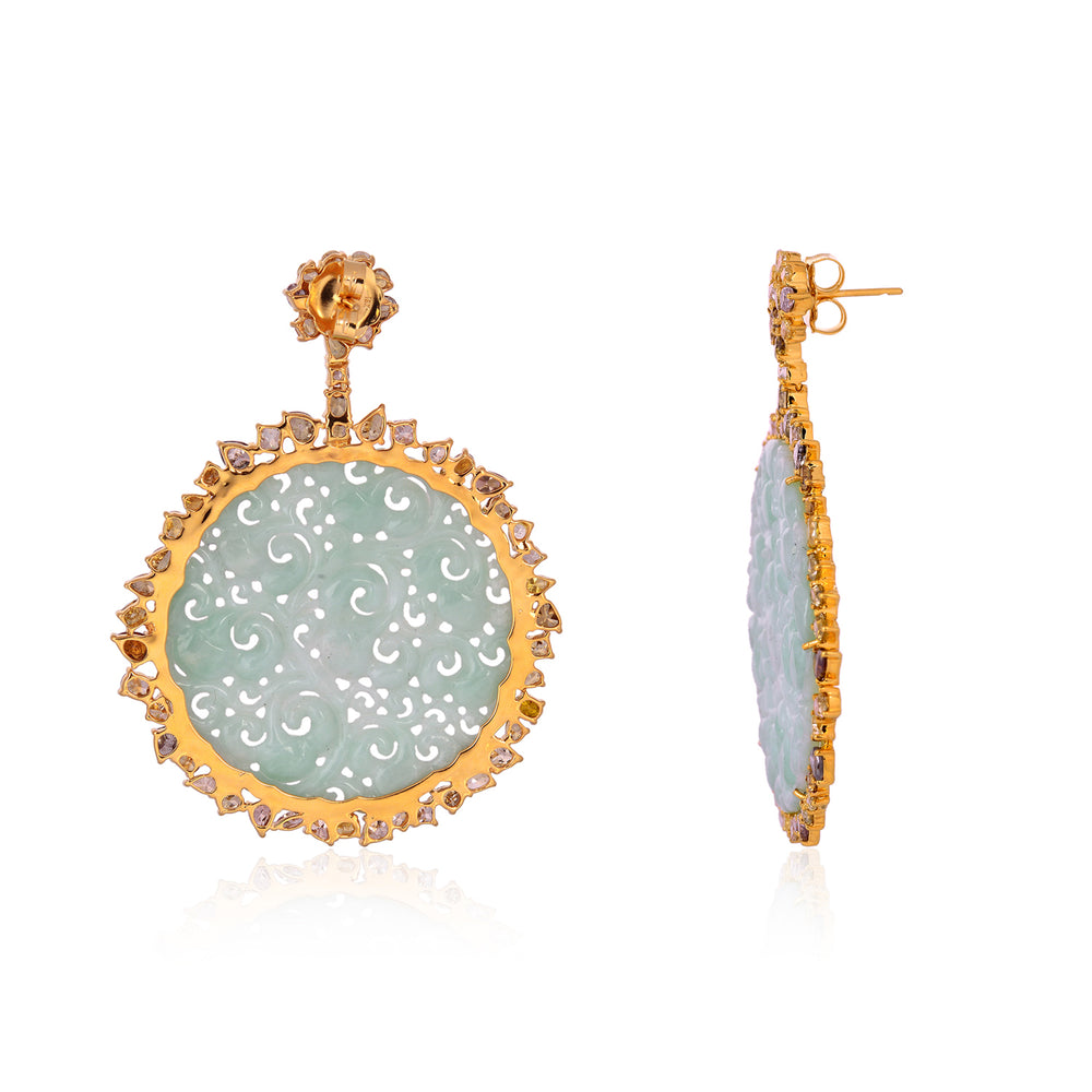 Carved Green Jade Round Drop Earrings with Ice Diamond Halo in 18K Yellow Gold