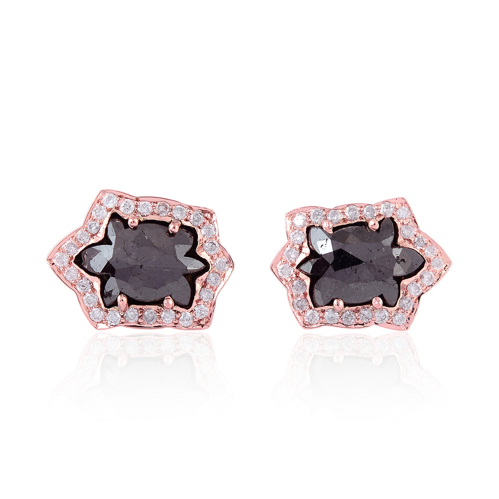 Black Rose-Cut Diamond Floral Stud Earrings with White Diamond Halo in 18K Rose Gold