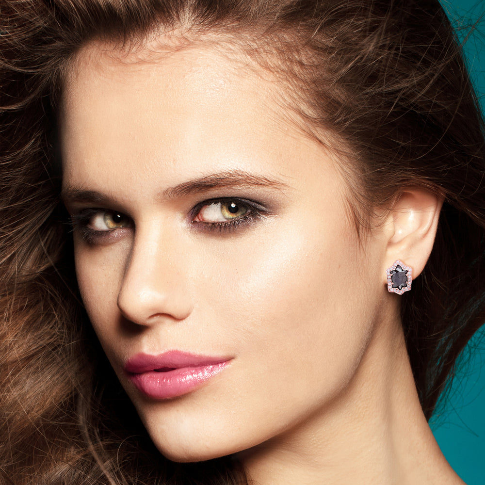 Black Rose-Cut Diamond Floral Stud Earrings with White Diamond Halo in 18K Rose Gold