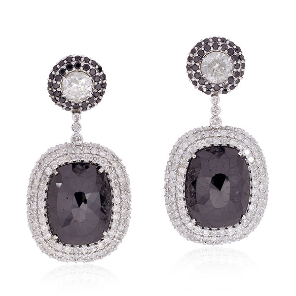 Black And White Diamond Cushion Drop Halo Earrings in 18K White Gold