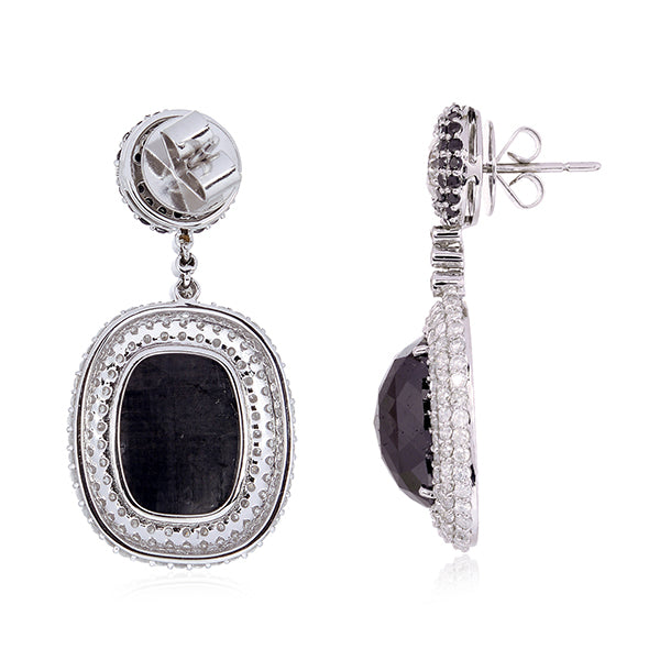 Black And White Diamond Cushion Drop Halo Earrings in 18K White Gold