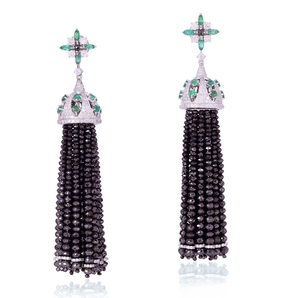Black And White Diamond Tassel Earrings with Emerald Accents in 18K White Gold