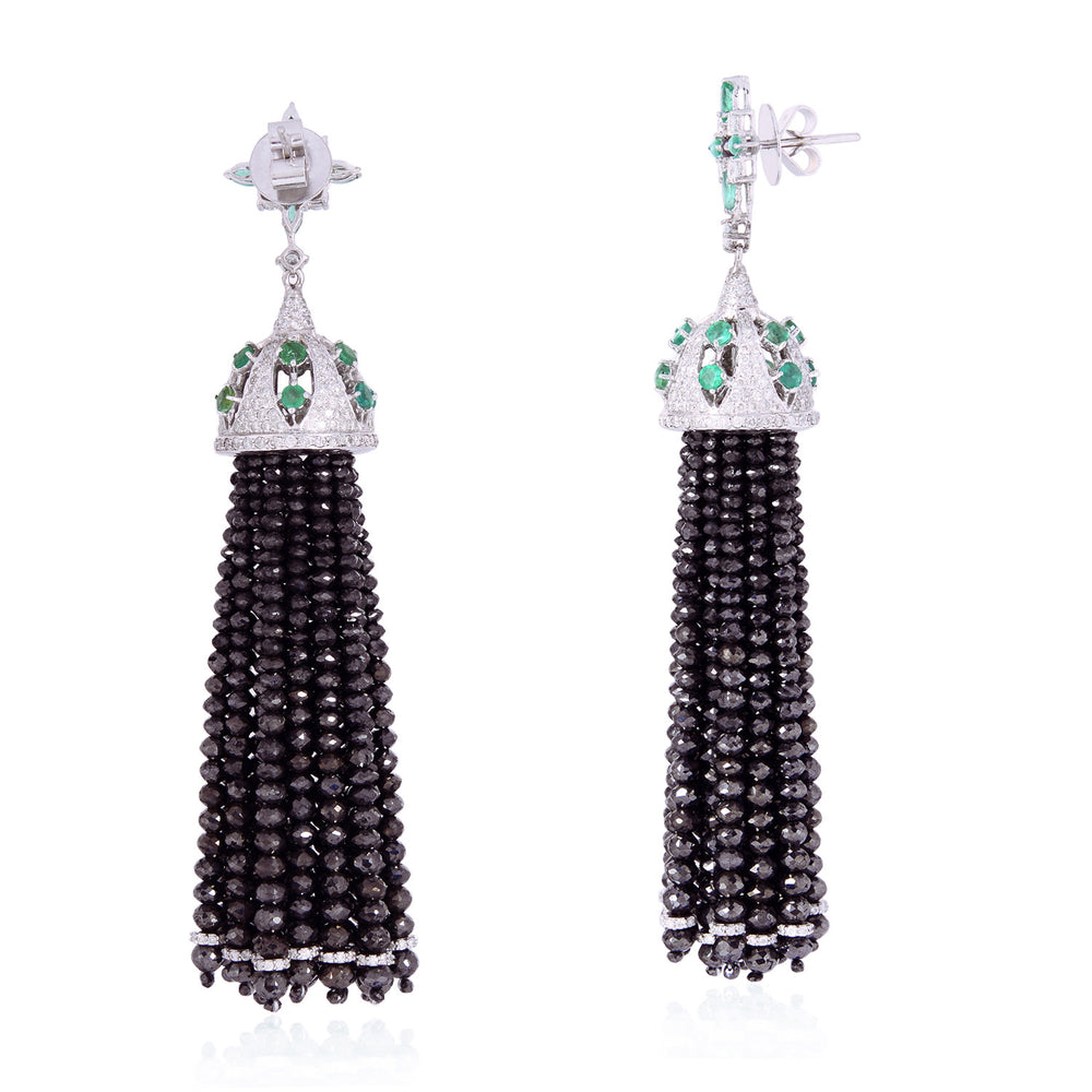 Black And White Diamond Tassel Earrings with Emerald Accents in 18K White Gold