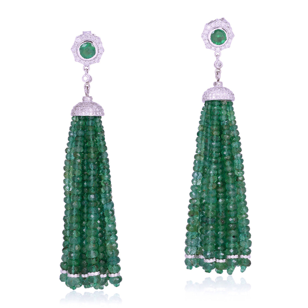 Emerald Bead Tassel Drop Earrings with Diamond Accents in 18K White Gold