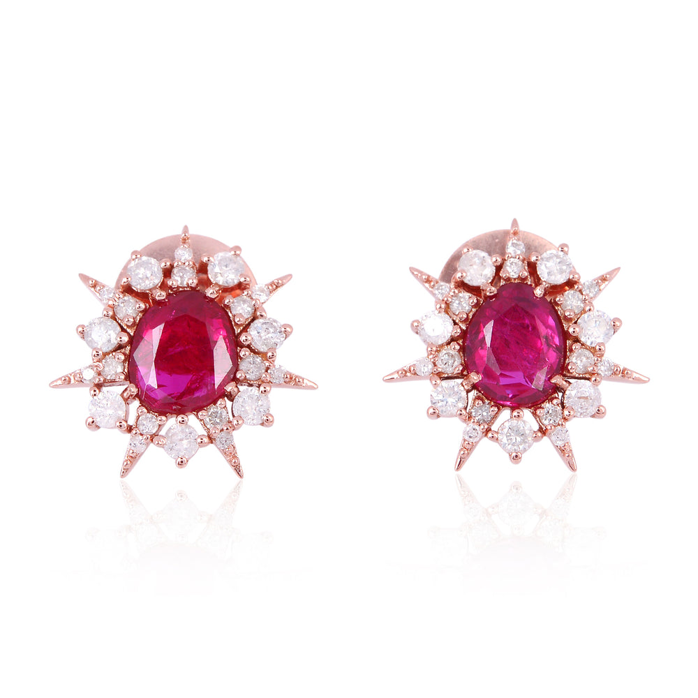 Ruby Oval Starburst Diamond Halo Stud Earrings in 18K Rose Gold