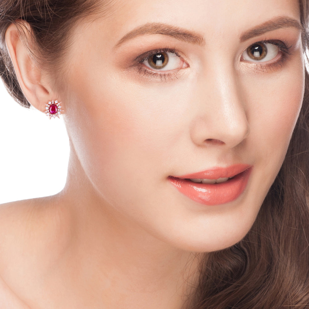 Ruby Oval Starburst Diamond Halo Stud Earrings in 18K Rose Gold