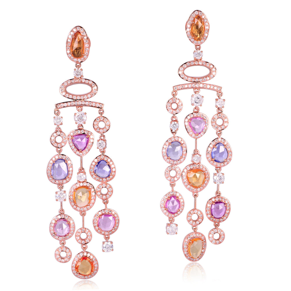 Rainbow Sapphire Diamond Chandelier Earrings in 18K Rose Gold