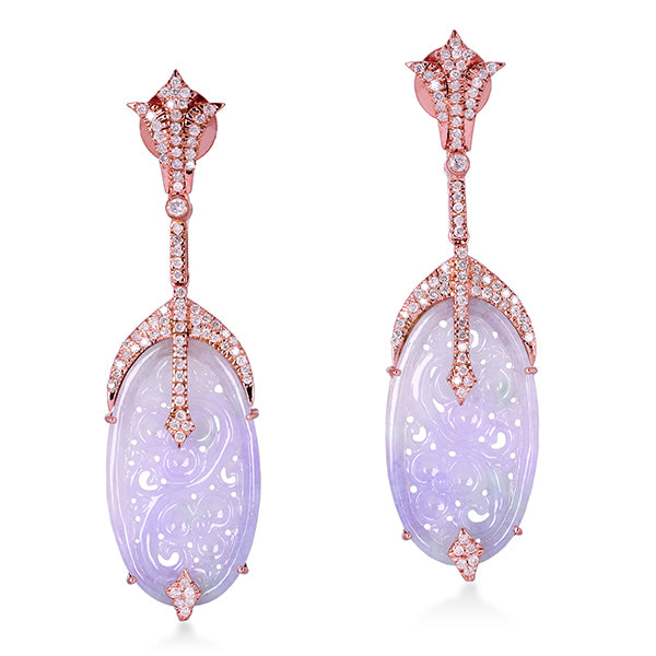 Lavender Jade Carved Diamond Dangle Earrings 18K Rose Gold