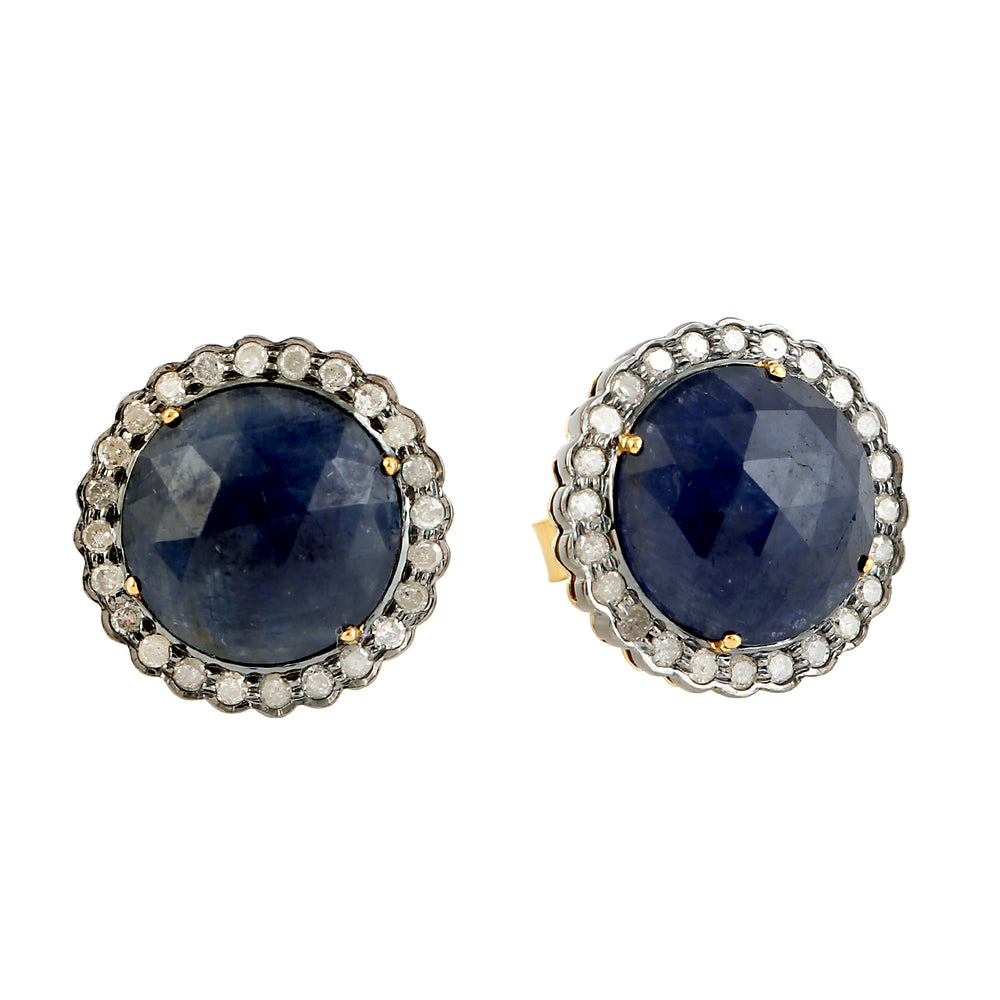 Prong Set Blue Sapphire Pave Diamond Round Stud Earrings in 18k Gold & Sterling Silver