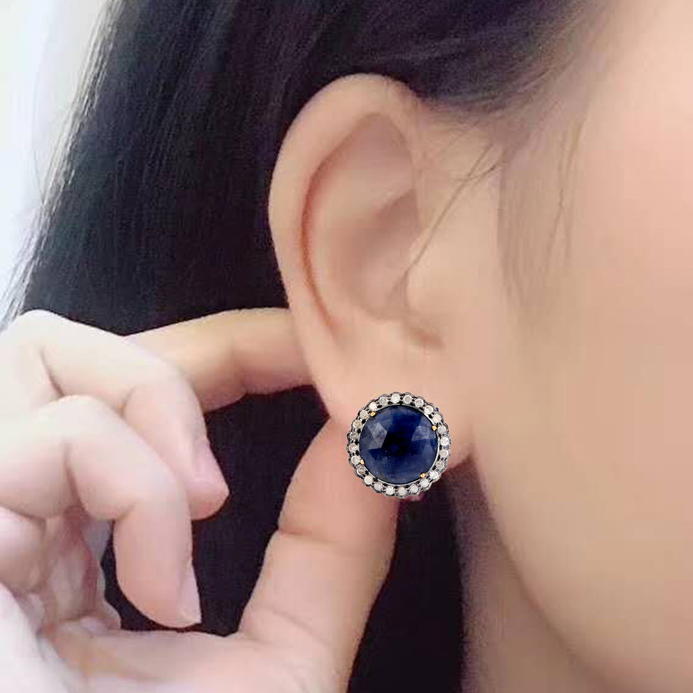 Prong Set Blue Sapphire Pave Diamond Round Stud Earrings in 18k Gold & Sterling Silver