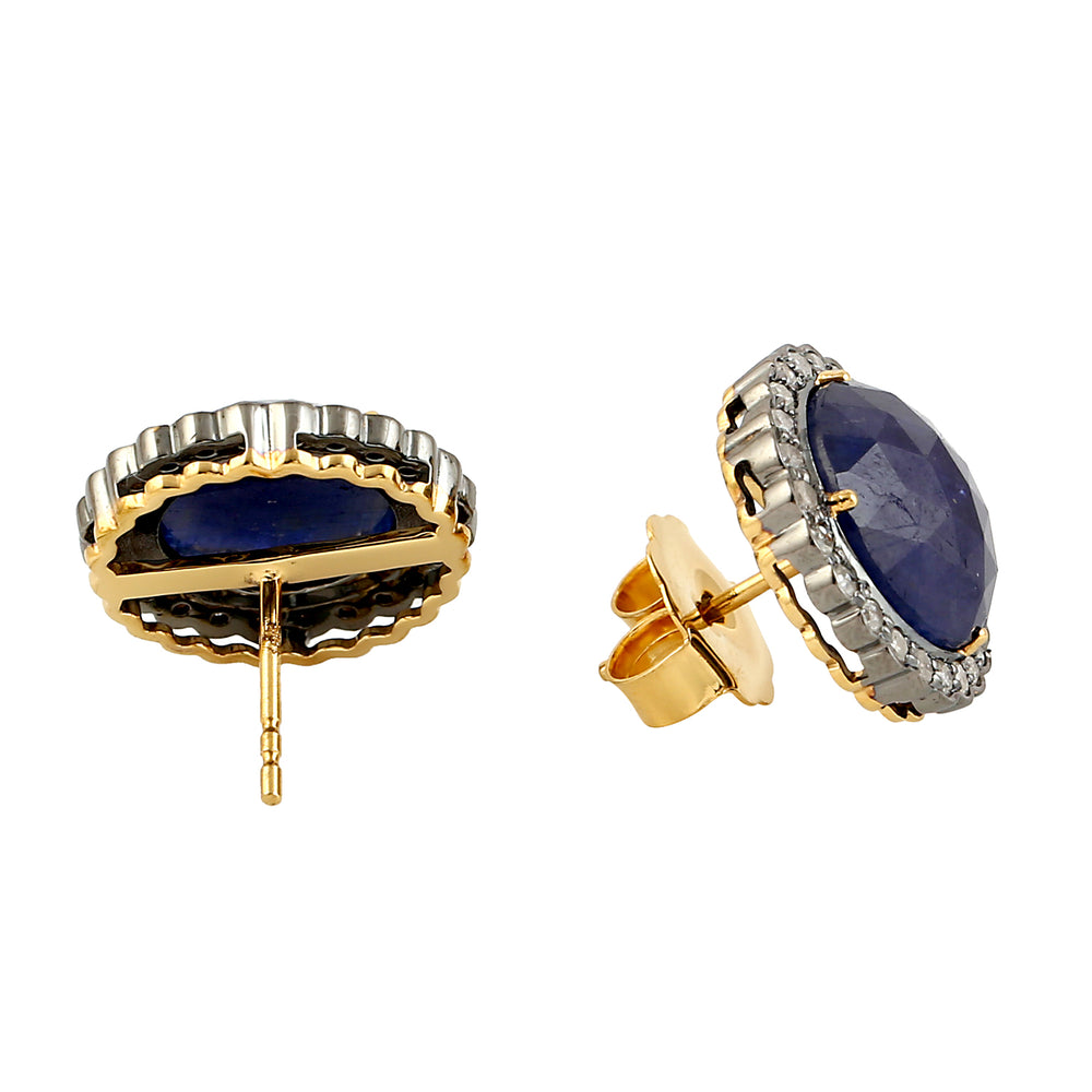 Prong Set Blue Sapphire Pave Diamond Round Stud Earrings in 18k Gold & Sterling Silver