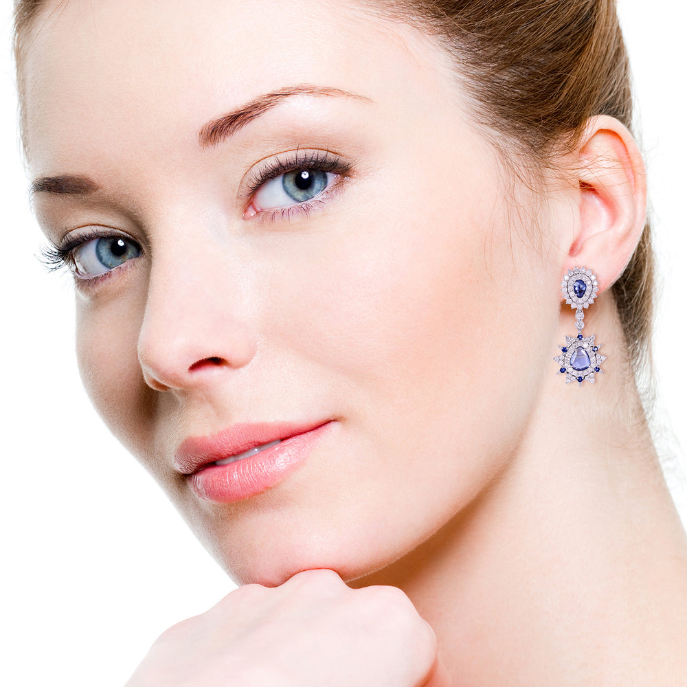 Pear Cut Blue Sapphire & Diamond Starburst Drop Earrings in 18K White Gold