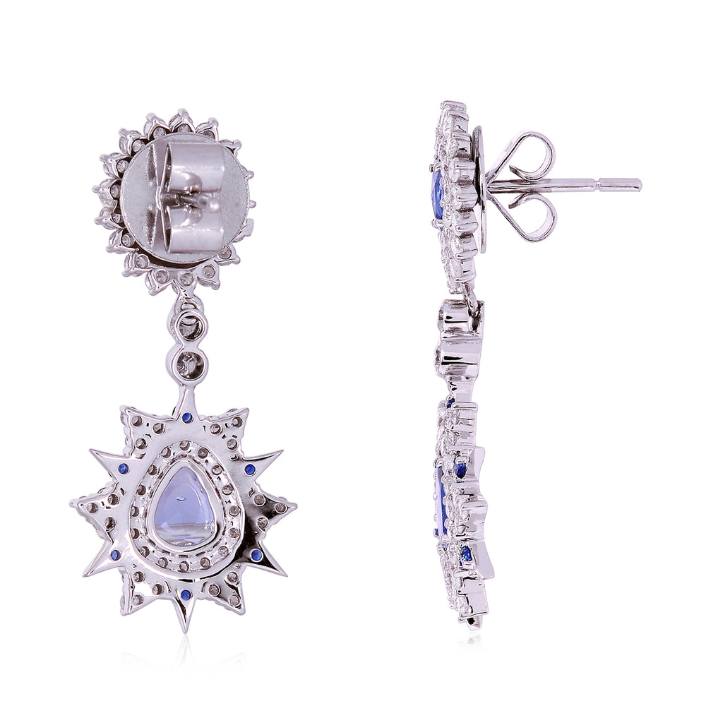 Pear Cut Blue Sapphire & Diamond Starburst Drop Earrings in 18K White Gold