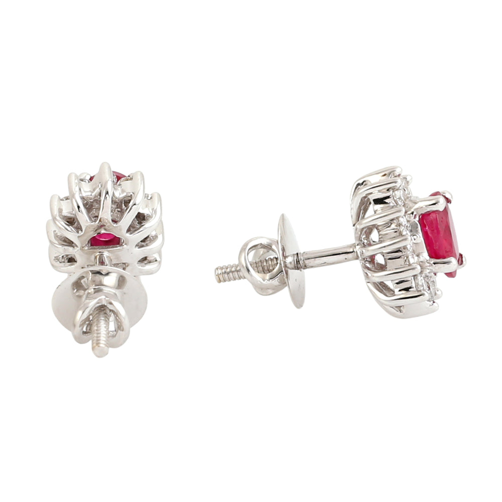 Oval Ruby & Diamond Halo Stud Earrings in 18K White Gold – July Birthstone Jewelry