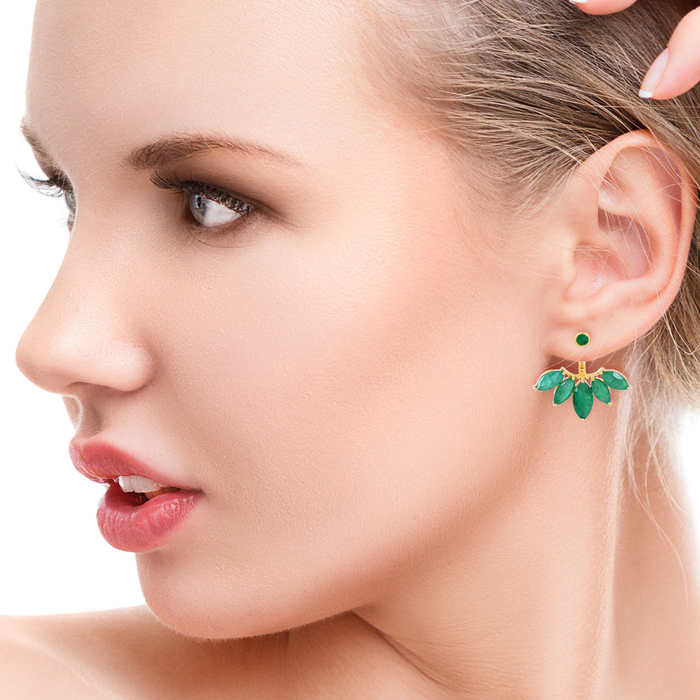 Leaf Shape Emerald Ear Jacket Earrings 14K Yellow Gold