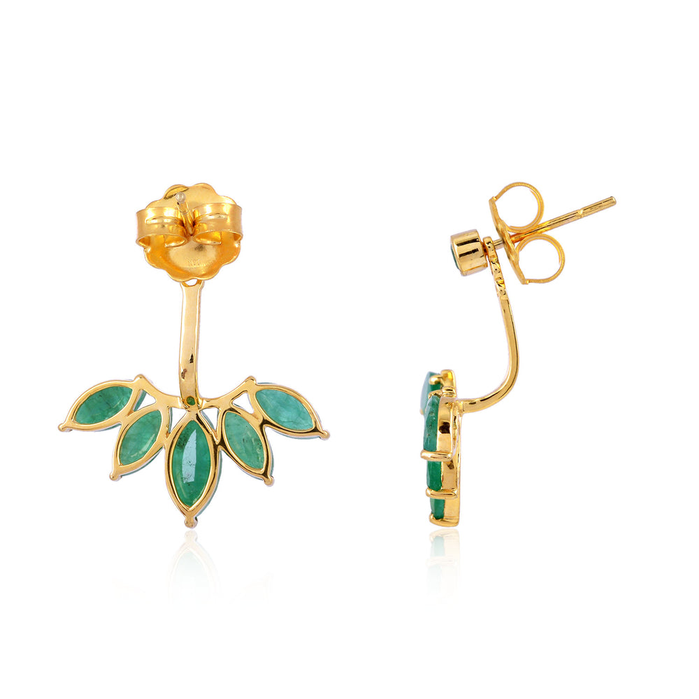 Leaf Shape Emerald Ear Jacket Earrings 14K Yellow Gold