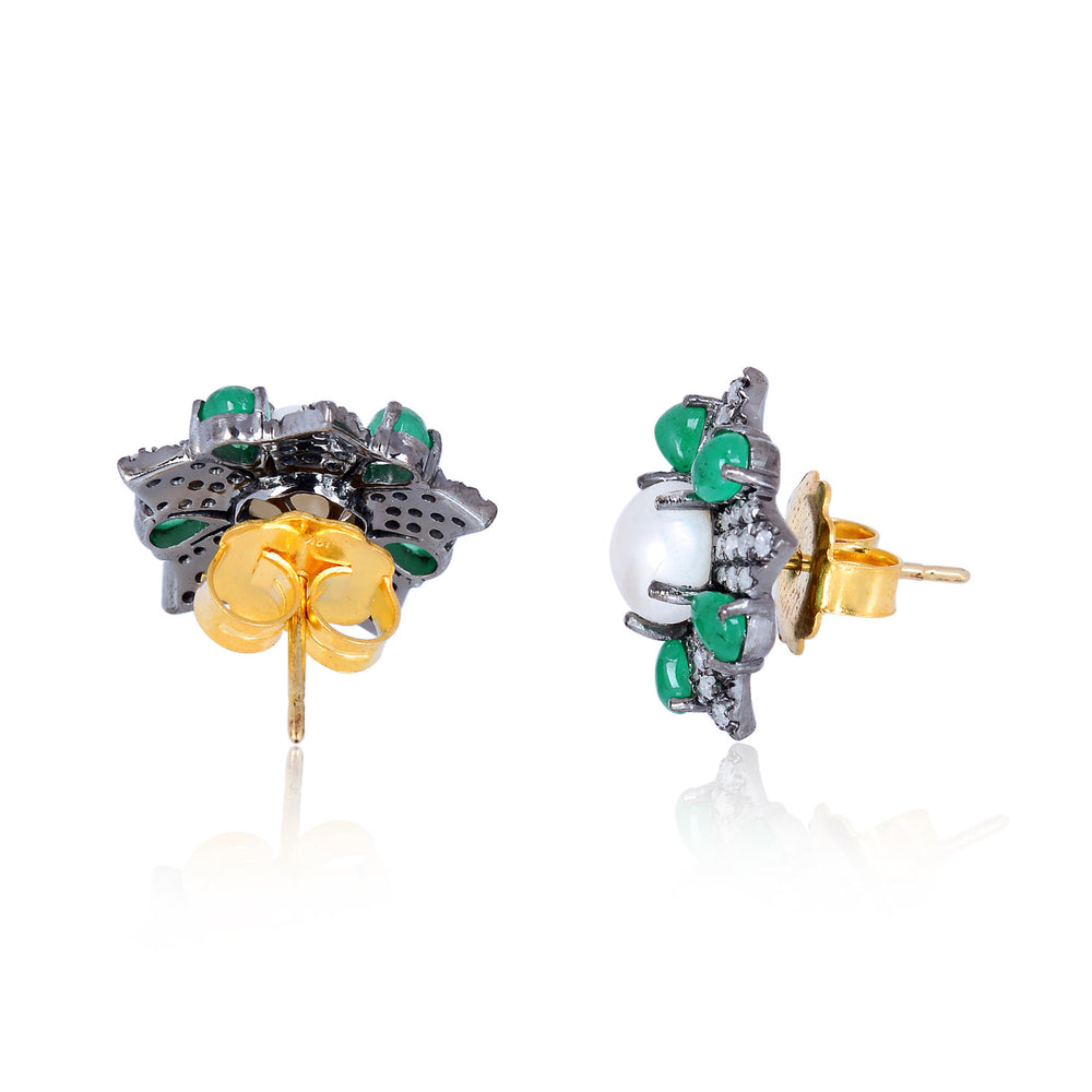Pearl, Emerald & Diamond Starburst Stud Earrings in 18K Gold Silver