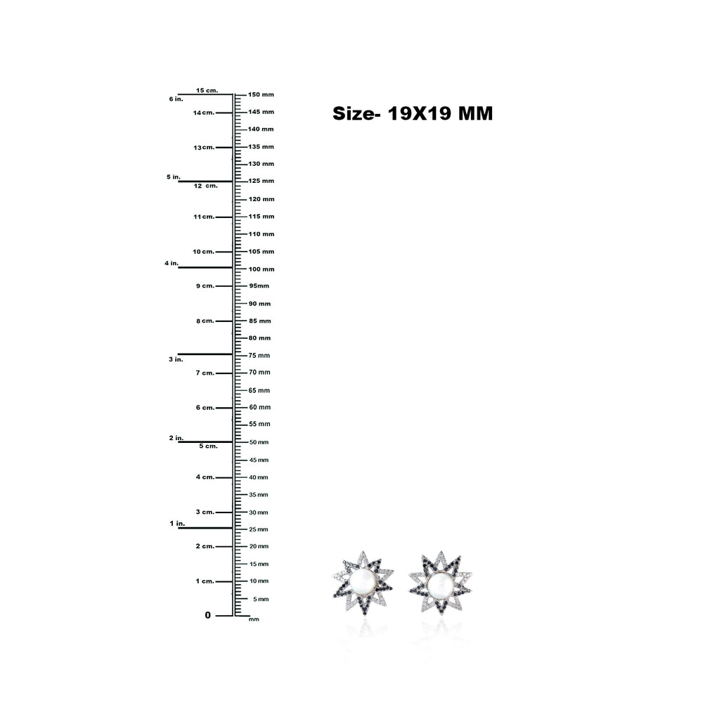 18K White Gold Bezel Set Pearl Pave Black White Diamond Sunlight Stud Earrings