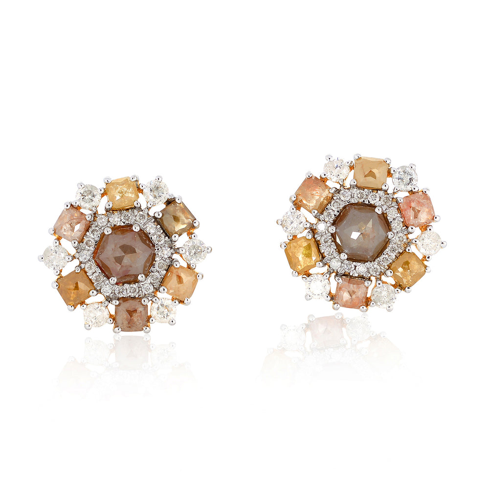 Multi Color Ice Cut Diamond Floral Stud Earrings in 18K Yellow Gold