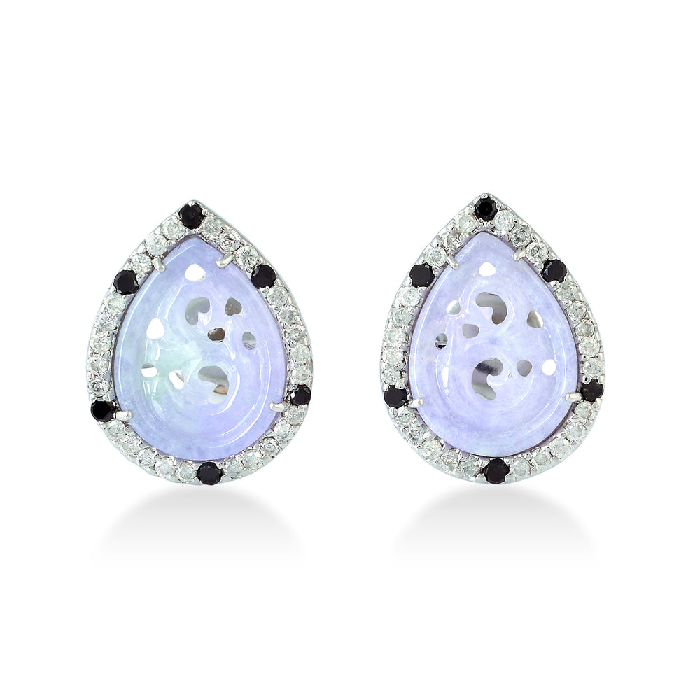 18K White Gold Lavender Jade Pear Stud Earrings Black and White Diamond Halo