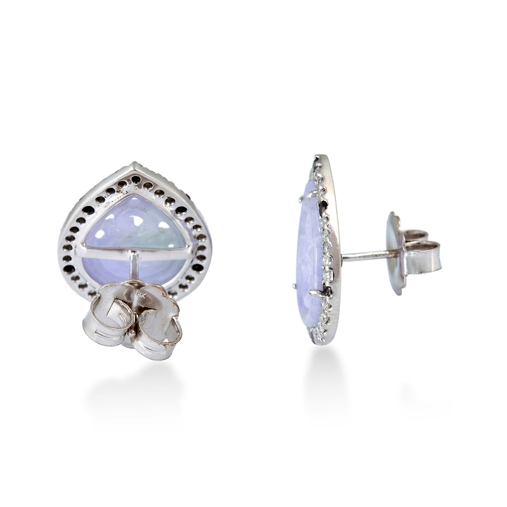 18K White Gold Lavender Jade Pear Stud Earrings Black and White Diamond Halo