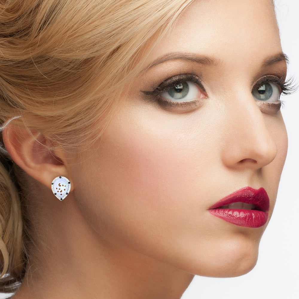 18K White Gold Lavender Jade Pear Stud Earrings Black and White Diamond Halo