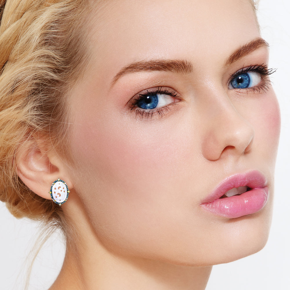 Jade Oval Stud Earrings with Blue Yellow and White Diamond Halo in 18K Gold